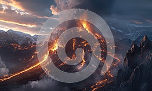 A volcano is erupting in the sky with smoke and fire