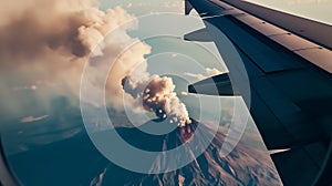 Volcano erupting violently, spewing lava and smoke viewed from an airplane. AI Generated