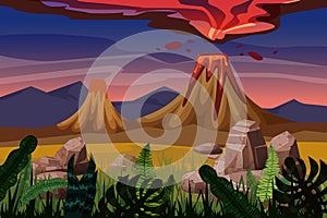 Volcano eruption, background landscape plain, vegetation, stones, vector, cartoon style, illustration, isolated