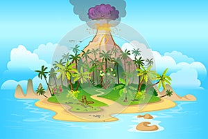 Volcano eruption. Cartoon tropical island with volcano, palm trees. mountains, blue ocean, flowers and vines. Vector illustration