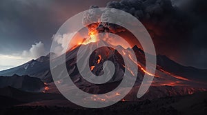 volcano eruption with massive high bursts of lava and hot clouds soaring high into the sky, pyroclastic flow