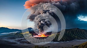 volcano eruption with massive high bursts of lava and hot clouds soaring high into the sky, pyroclastic flow