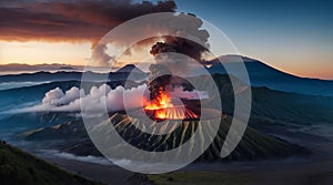 volcano eruption with massive high bursts of lava and hot clouds soaring high into the sky, pyroclastic flow