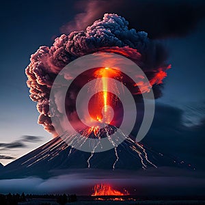 volcano eruption with massive high bursts of lava and hot clouds soaring high into the sky, pyroclastic flow