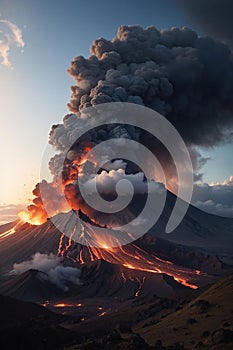 volcano eruption with massive high bursts of lava and hot clouds soaring high into the sky, pyroclastic flow