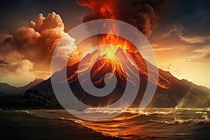 Volcano eruption in the sea at sunset. 3D Rendering, Photo of the volcanic eruption Krakatoa, AI Generated