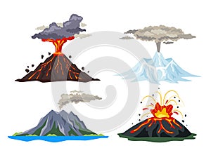 Volcano eruption set with magma, smoke, ashes isolated on white background. Volcanic activity hot lava eruption