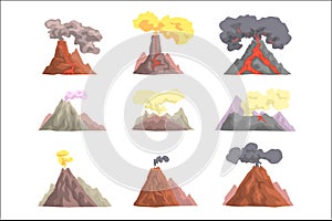 Volcano eruption set, volcanic magma blowing up, lava flowing down cartoon vector Illustrations