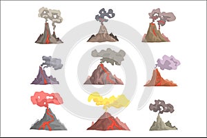 Volcano eruption set, volcanic magma blowing up, lava flowing down cartoon vector Illustrations