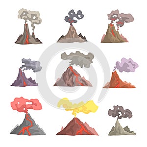 Volcano eruption set, volcanic magma blowing up, lava flowing down cartoon vector Illustrations