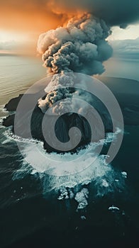 Volcano eruption with smoke plume over ocean at sunset