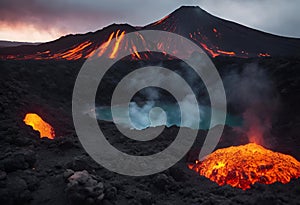 Volcano eruption spewing lava into the ocean from active crater, AI-generated.