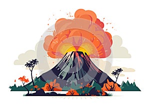 Volcano eruption with vibrant explosion, lava, and smoke. Tropical scene with palms and flora. Catastrophic nature event