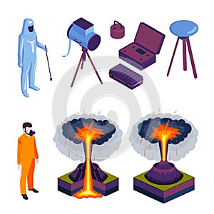 Volcano Eruptions And Volcanologist Isometric Icons