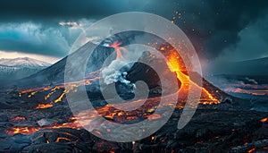 A volcano erupts with lava and smoke, creating a fiery and dangerous scene by AI generated image