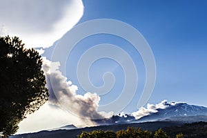 Volcano etna erupting at sunset steam clouds