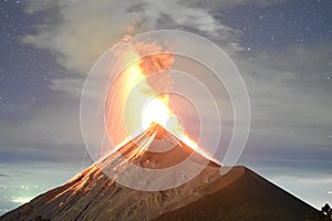 Volcano Fuego eruption with stars in Guatemala, captured from the top of the Acatenango