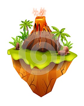 Volcano game island, vector active lava eruption clipart, exotic tropical nature platform, palm.