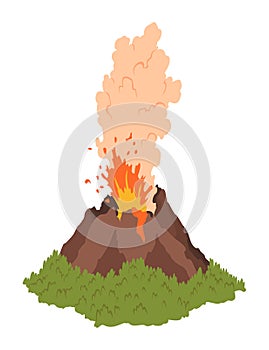 Volcano icon. Magma nature blowing up with smoke. An awakened vulcan activity fire and smoke element. Volcano eruption