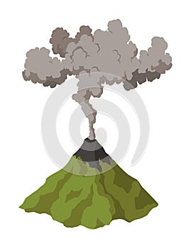 Volcano icon. Magma nature blowing up with smoke. An awakened vulcan activity, smoke element. Volcano eruption. Flat