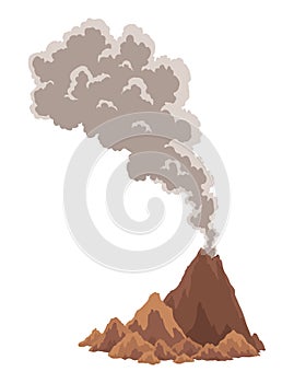 Volcano icon. Magma nature blowing up with smoke. An awakened vulcan activity, smoke element. Volcano eruption. Flat