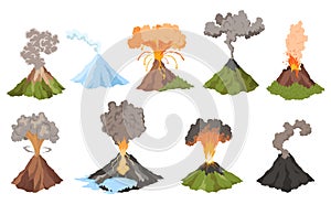 Volcano icons. Magma nature blowing up with smoke. An awakened vulcan activity fire and smoke elements. Volcano eruption