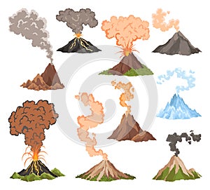 Volcano icons. Magma nature blowing up with smoke. An awakened vulcan activity fire and smoke elements. Volcano eruption