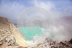 Volcano Ijen. View from above, stunning view of the Ijen volcano with the turquoise-coloured acidic crater lake. The