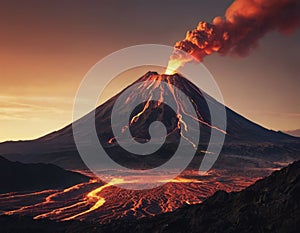 Volcano illustration background at sunset