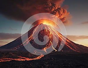 Volcano illustration background at sunset