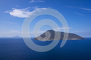 Volcano islands Salina, Alicudi, Filicudi during sunny day, Sicily Italy