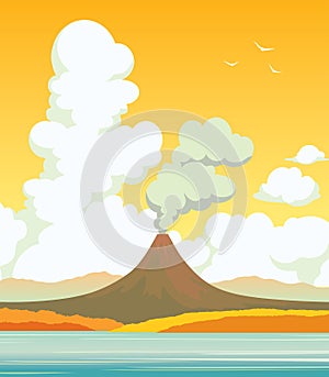 Volcano, lake, clouds. Autumn landscape.