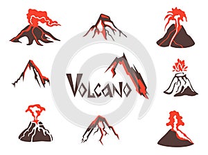 Volcano logo set. Volcanic eruption. Vector illustration, isolated on white.