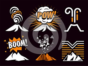 Volcano magma eruptio icon collection. Spectacular natural phenomenon painted in cartoon style set. Volcanic toxic