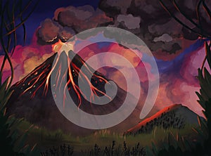 Volcano with magma, lava and smoke. Night mountain landscapes.