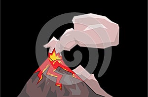 Volcano mountain exploding with cloud of smoke. Flat vector illustration. Isolated on black background.