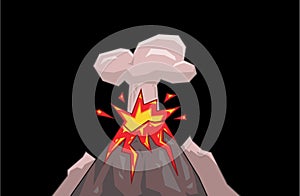 Volcano mountain exploding with cloud of smoke. Flat vector illustration. Isolated on black background.