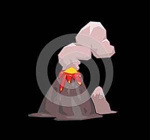 Volcano mountain exploding. Flat vector illustration. Isolated on black background.