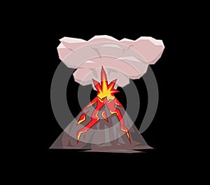 Volcano mountain exploding. Flat vector illustration. Isolated on black background.