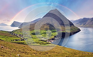 Volcano mountain landscape with rainbow - Bordoy Vidareidi, Faroe island