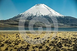 Volcano Parinacota and lake Chungara