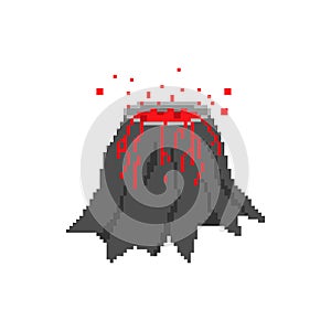 Volcano pixel art. pixelated Mountain with crater and lava. 8 bit vector illustration