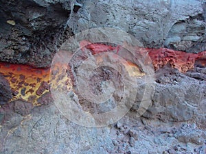 A Volcano's Lava Flow Shows Colorful Rock Layers.