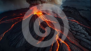 volcano seen from above, erupts lava