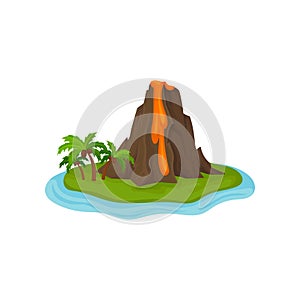 Volcano on small green island surrounded by water. Hot lava flowing from mountain rocks. Flat vector icon