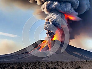 A volcano spewing ash and lava against a blue sky