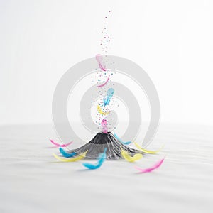 The volcano spews feathers and colored sparks.