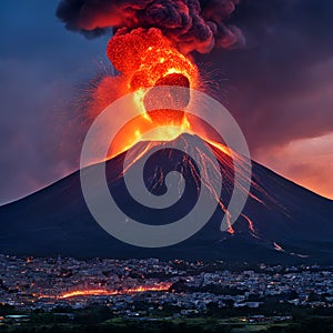 A volcano spews smoke into the sky, a striking natural phenomenon