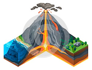 Volcano structure concept banner, isometric style