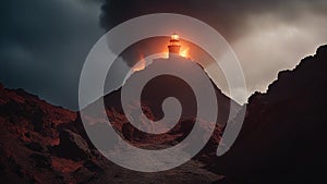 volcano at sunset A scary lighthouse in a hellish volcano, with lava, rocks,